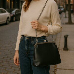 Y2K black chain shoulder bag faux-leather frame purse, AS-IS for repair